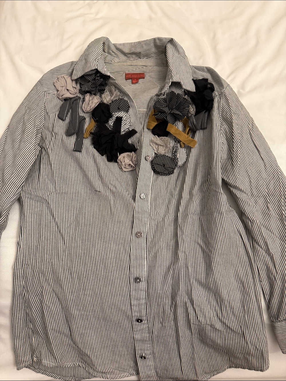 Women's Black & White Pinstripe Button-Down Shirt with Floral Accents